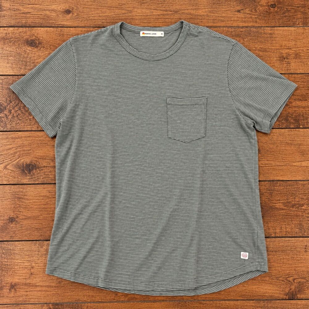 Marine Layer Saddle Hem Pocket Tee Short Sleeve Crew Neck Green Stripe Mens M
